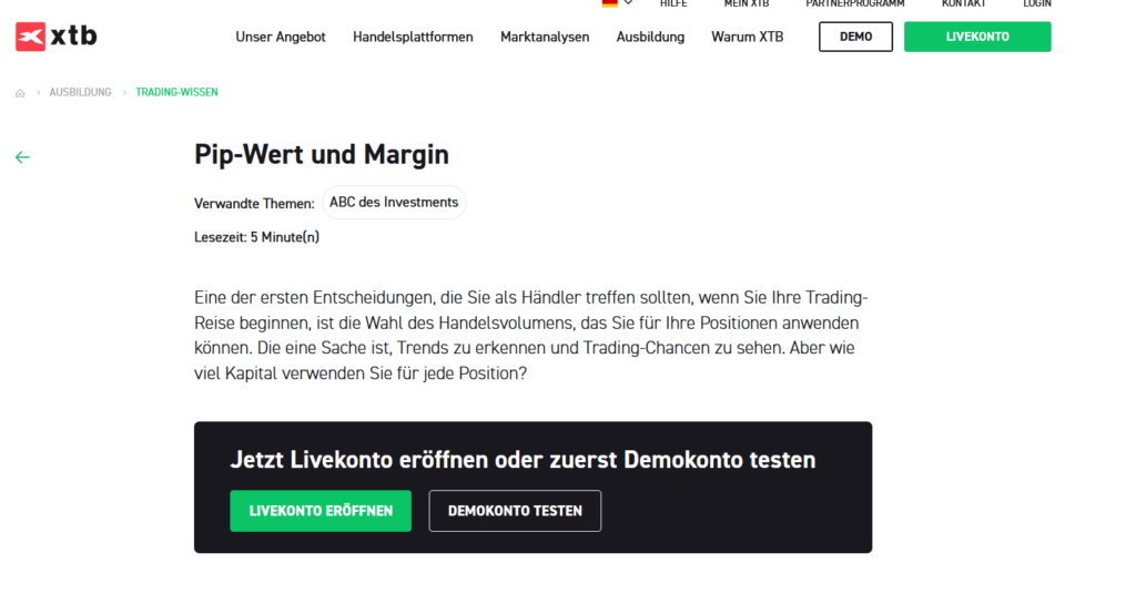 XTB Website mit Info zum Margin Trading